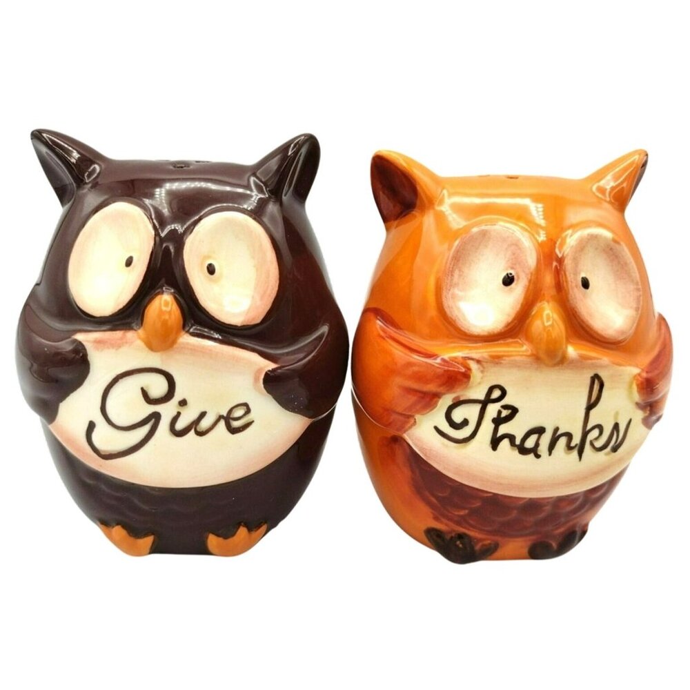 Salt Pepper Shakers Owl Thanksgiving Vintage 1960s Give Thanks Stoppers 3 Inches